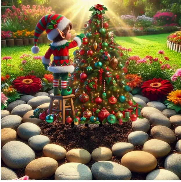 Whimsical Christmas Tree Elf Acrylic Garden Stake - Outdoor Planter Decor