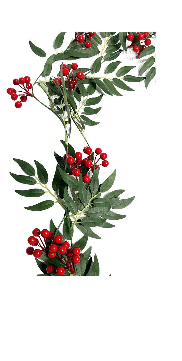 Artificial Willow Leaf Vine with Red Berries, Set of 2 Garlands, Christmas Door Hanging Decor, Home & Display