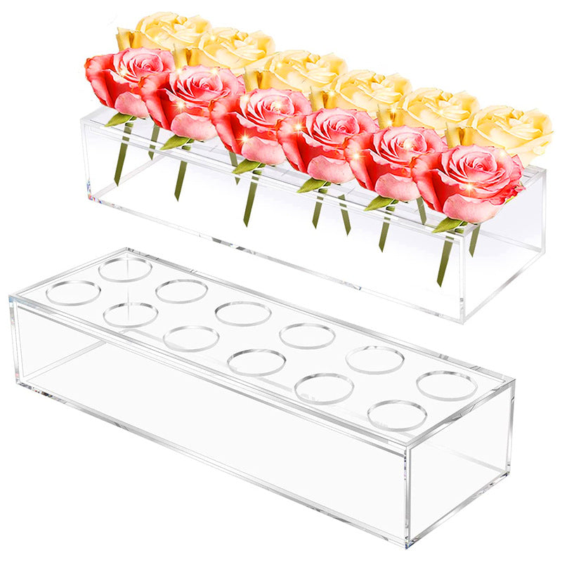 Bulk Clear Acrylic Flower Vase with 12 Holes Rectangular Floral Centerpiece Vase for Weddings Valentine's Day Dining Tables Home Decor Wholesale