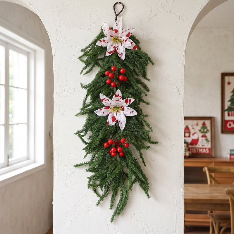 Artificial Christmas Garland with Red Berries and Pine, 25" Trailing Vine, Indoor Holiday Wall Decor, Realistic Faux Greenery