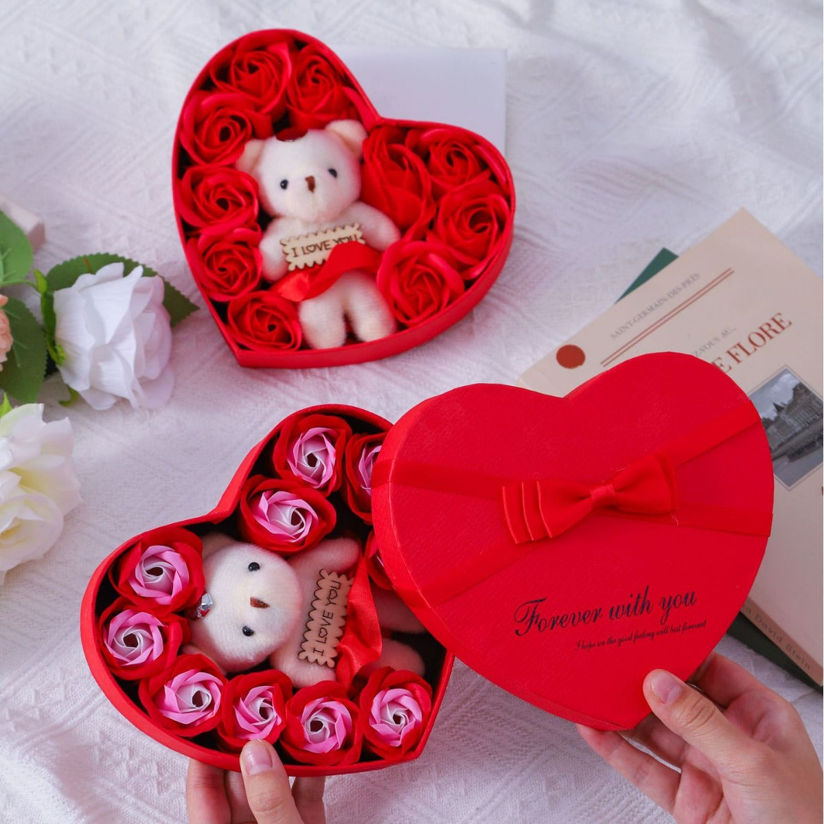 Heart Shaped Rose Soap Flower Gift Box - 10 Soap Roses with Cloth Bear | Valentine's Day & Mother's Day Birthday Gift