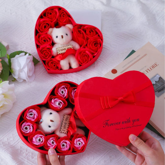 Heart Shaped Rose Soap Flower Gift Box - 10 Soap Roses with Cloth Bear | Valentine's Day & Mother's Day Birthday Gift