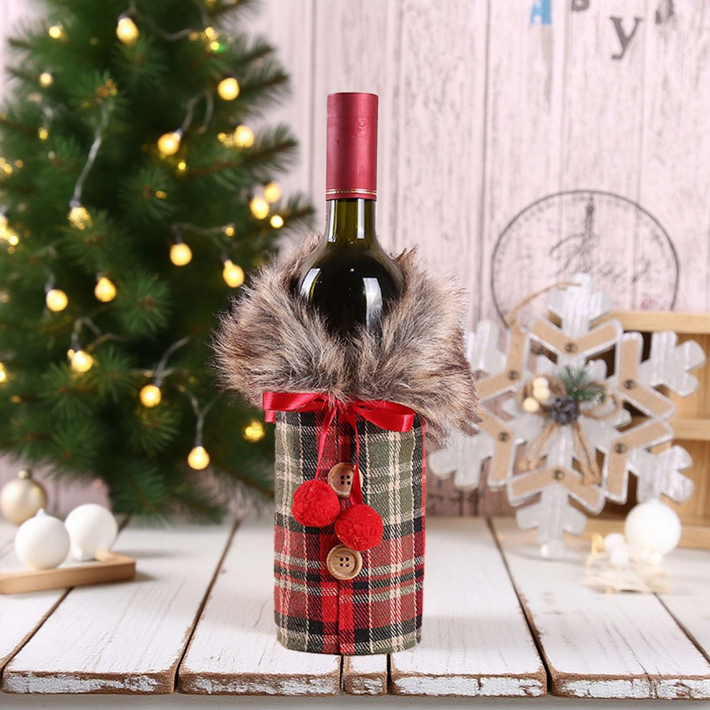 Christmas Plaid Wine Bottle Cover with Faux Fur Collar - Cute Cartoon Holiday Wine Jacket