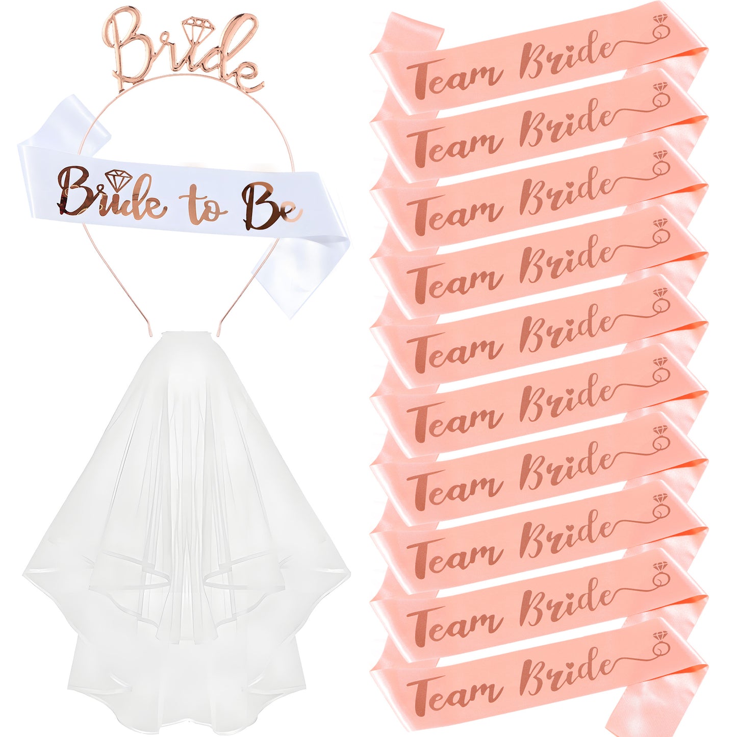 Bachelorette Party 13-Piece Set: Bride to Be Tiara Veil & Sashes for Hen Party & Bridal Shower
