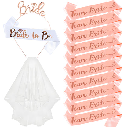 Bachelorette Party 13-Piece Set: Bride to Be Tiara Veil & Sashes for Hen Party & Bridal Shower