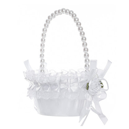 2-Pack Wedding Flower Girl & Bridesmaid Baskets - Lace, Rhinestone & Pearl Embellished White Designs