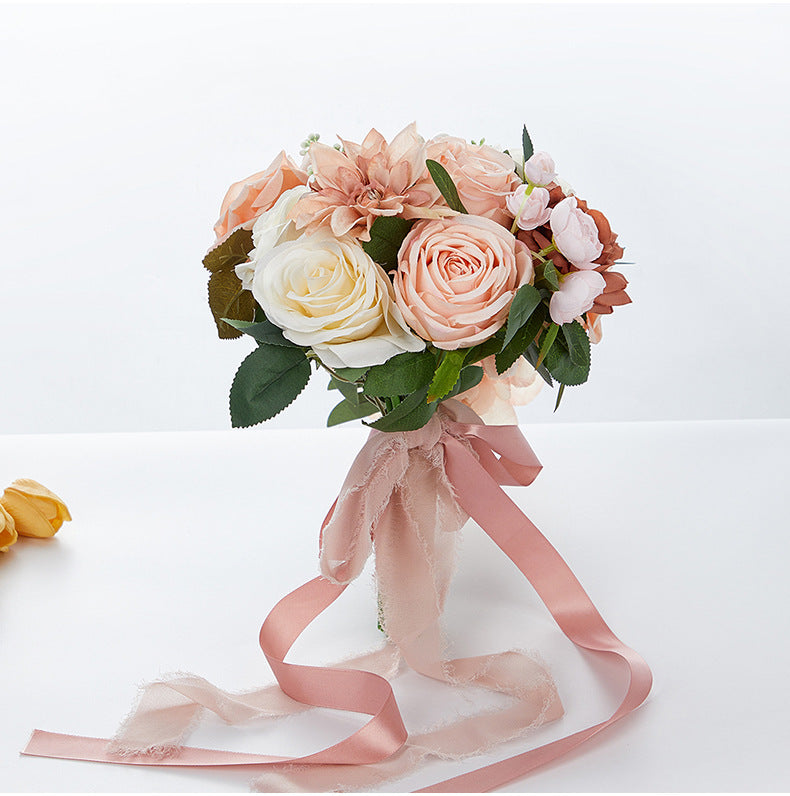 Bulk 9" Bridal Bouquet Roses Silk Wedding Flower Cascading Adjustable Ribbon Waterproof for Outdoor Ceremonies Photo Shoots Wholesale