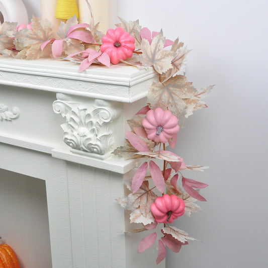 Thanksgiving Faux Garland with White Maple Leaves & Pink Pumpkins - Fall Harvest Decor