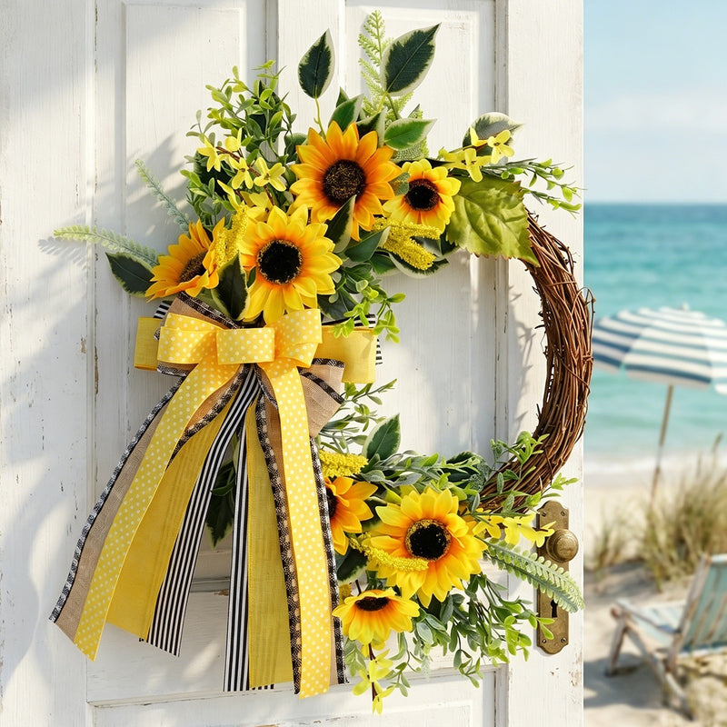 Autumn Sunflower Half Wreath Garland, 18" Long, Plastic, Bee Decor, Door Hanging