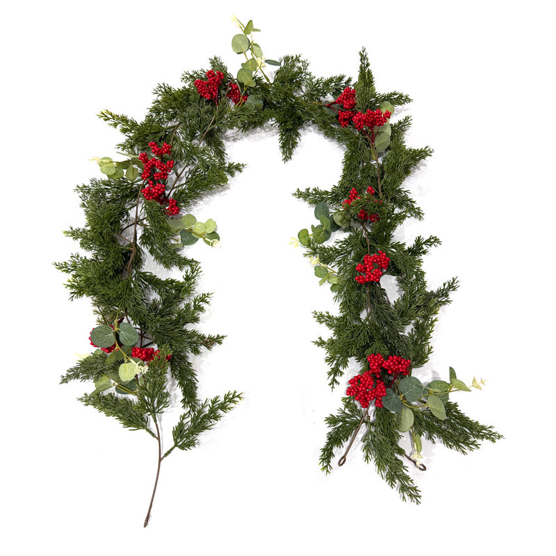 Artificial Pine Cypress Vine Garland, 71 in Trailing Greenery with Red Berries, Christmas Door Hanging & Home Decor