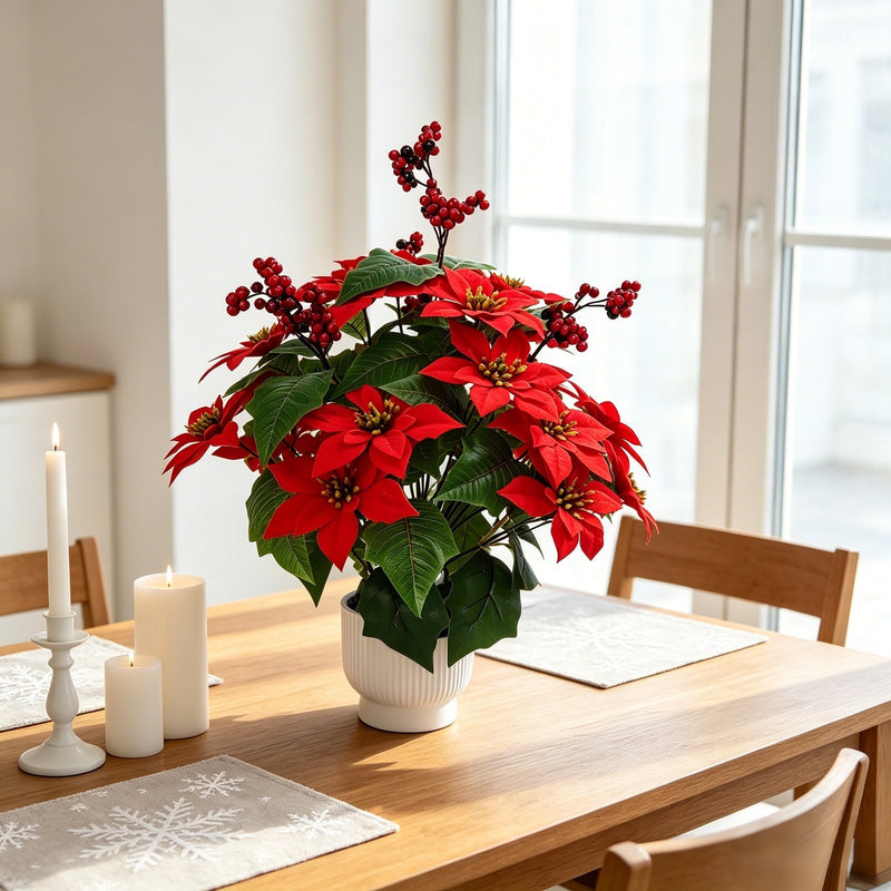 21" Velvet Poinsettia Bush, Christmas Floral Decor for Home, Office & Events, Realistic PVC Holiday Stems