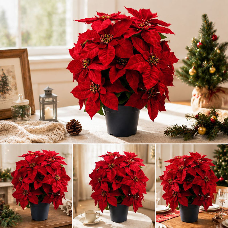 Artificial Poinsettia Bush with 20 Blooms, 19-Inch Height, Includes Pot, Perfect for Holidays, Weddings, and Home Decor