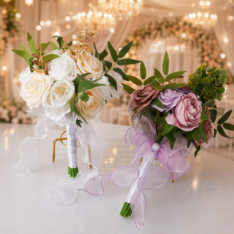 Artificial Rose Bouquet with 7 Blooms, 11.4 Inches, Plastic, Perfect for Weddings, Indoor & Outdoor Use