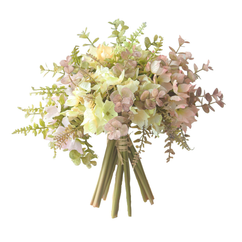 Artificial Hydrangea & Eucalyptus Bouquet, 13" Realistic Fake Flowers for Wedding Centerpieces, Home Decor, Floral Arrangements (Set of 1 Bush)