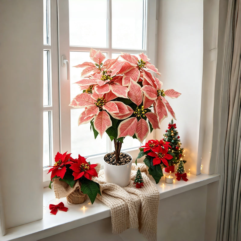 23" Faux Silk Poinsettia Bush with 12 Blooms, Christmas Flower Decor for Weddings, Holidays, and Home