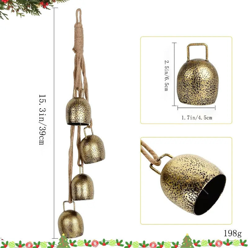 Vintage Gold Metal Christmas Bell Garland, 4 Jingle Bells on Twine, 15" Long, Hanging Holiday Ornament