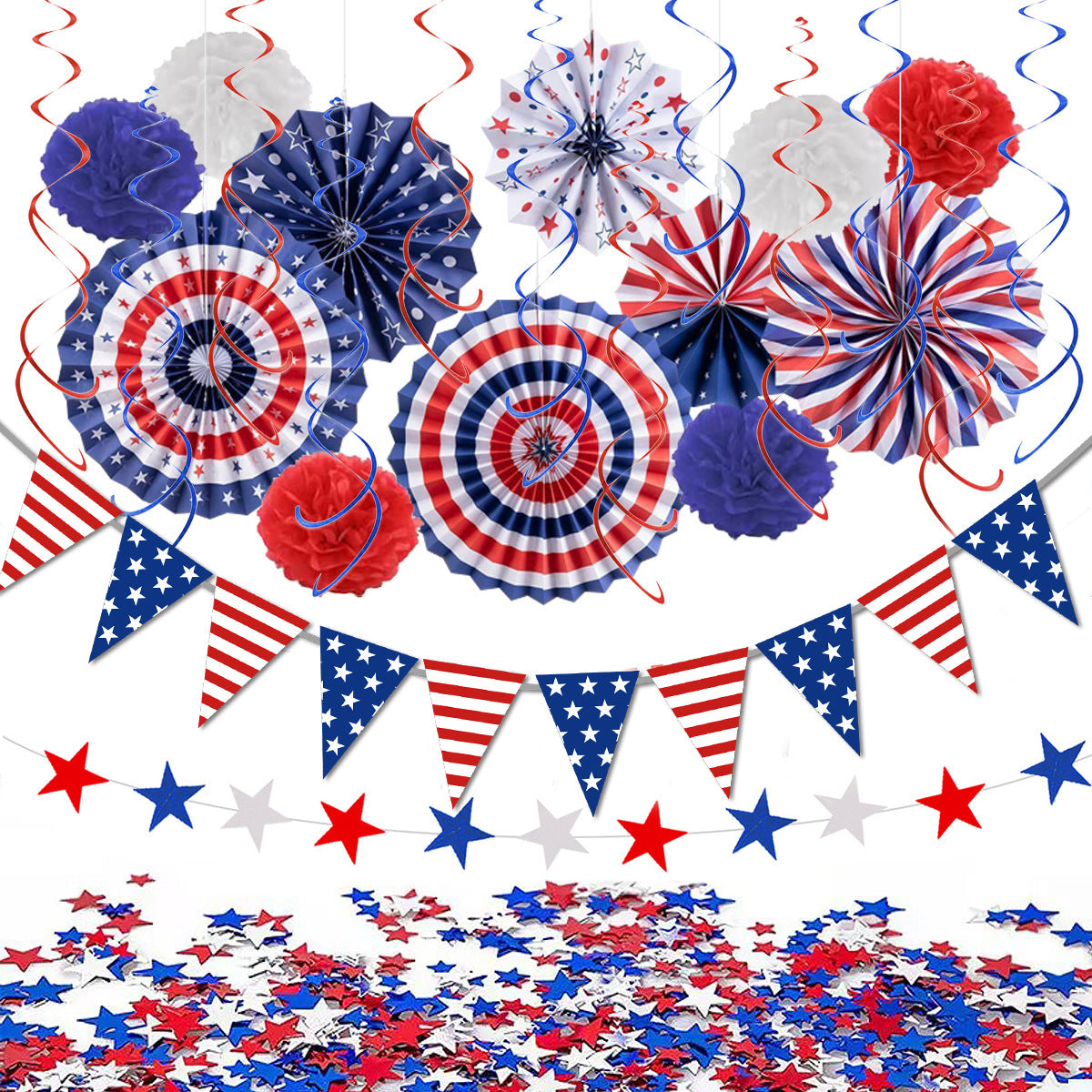 Bulk Independence Day Party Decorations Kit with Red White Blue Hanging Paper Fans Hanging Swirls Flag Pennant Foil Fringe Pom Poms for Holiday Party Supplies Decor Wholesale