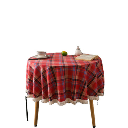 Bulk Plaid Yarn Dyed Fabric Round Tablecloth with Tassel Wholesale