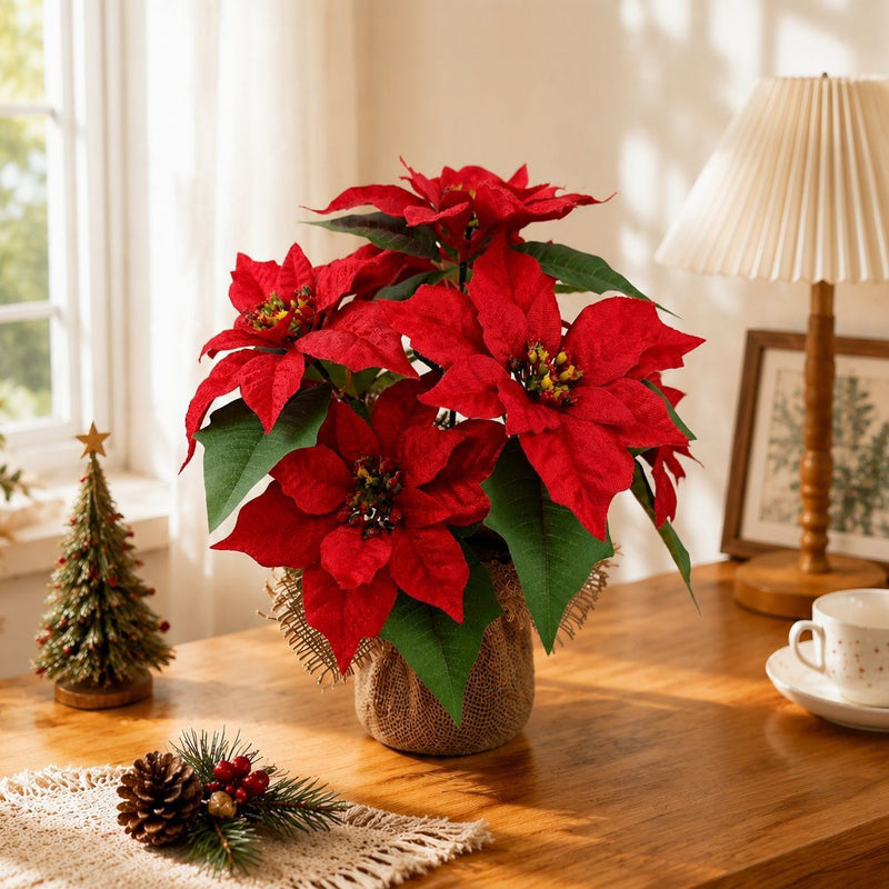 17" Artificial Poinsettia Bush with Planter, Lifelike Holiday Decor for Home, Office & Events