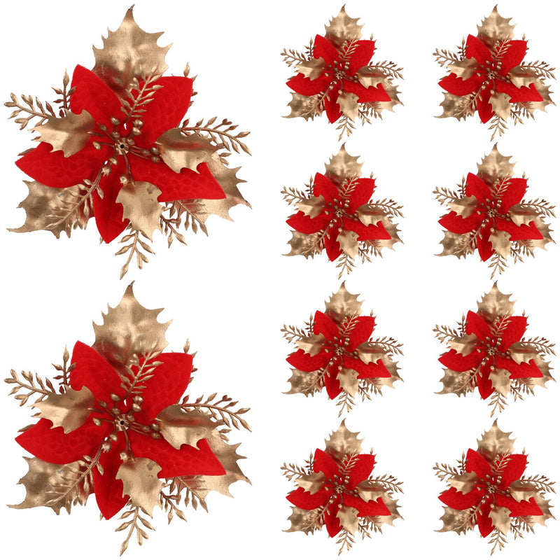 Gold Glitter Artificial Flower Head, 4.5" Diameter, DIY Christmas Tree Ornament & Holiday Decor, Faux Silk Poinsettia