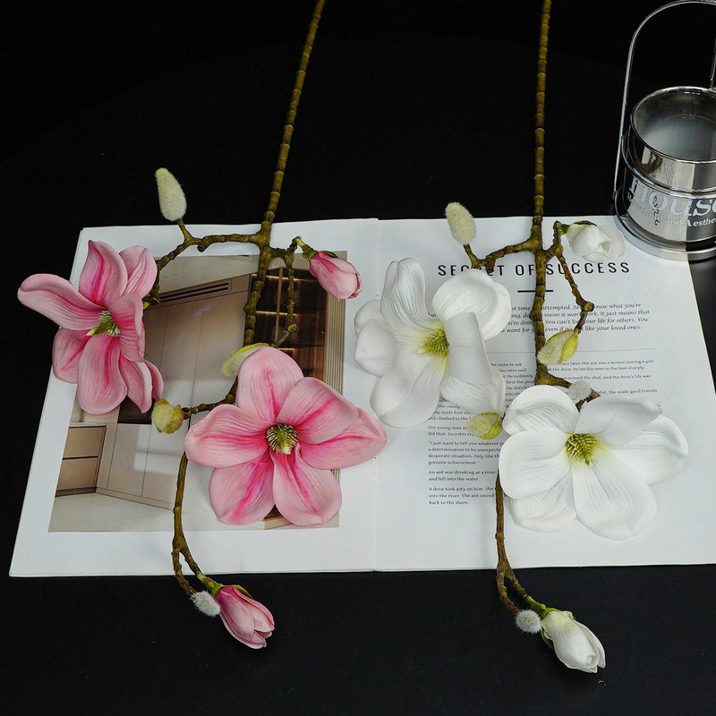 Single Stem Magnolia with 4 Blooms, PU Material, 27" Tall, Perfect for Weddings, Home Decor, and Events