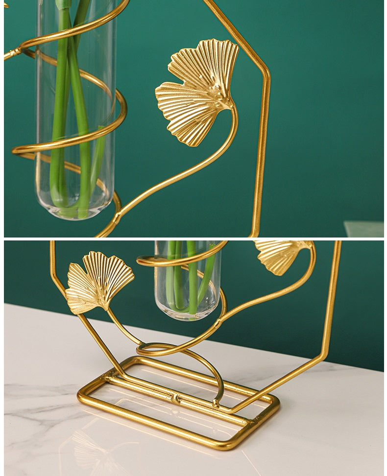 Bulk 1pc Elegant Ginkgo Leaf Metal Vase with Geometry Stand for Home Decor Flower Arrangements Wholesale
