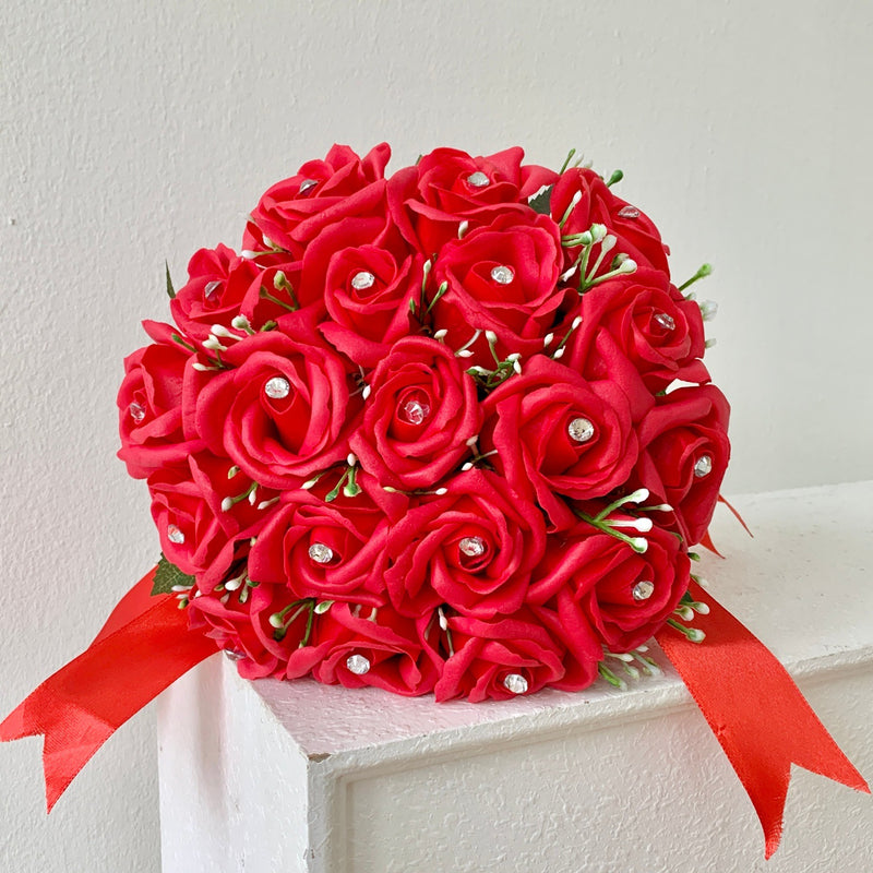 Wedding Bouquet with 18 Silk-Like Roses, 12" Height, Faux Silk Bridal Hand-Tied Bouquet