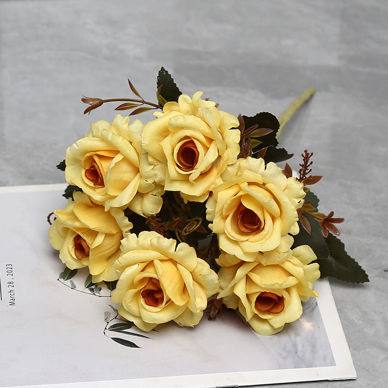 Autumn-Toned Rose Bush, 12" Faux Silk Floral Arrangement with 6 Blooms, Rustic Decor for Weddings & Home