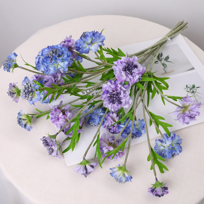 Artificial Scabiosa, Carnation & Daisy Flower Bush with 3 Blooms, Flocked, Wedding & Home Decor