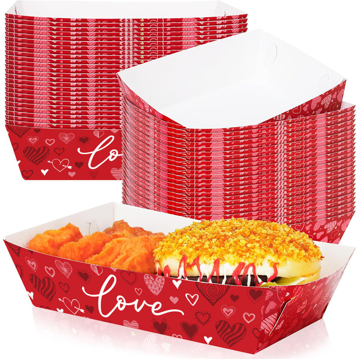 Valentine's Day Disposable Snack Trays (20-Pack) - Love-Themed Popcorn Boats for Party Supplies