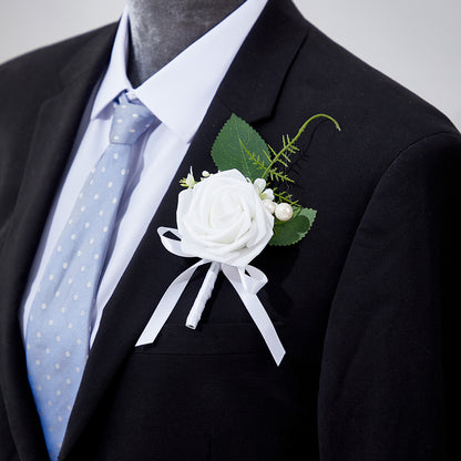 Premium 6 Pcs Men's Boutonniere High Quality Silk Rose Wedding Groomsmen Corsage Prom Anniversary Events Durable Floral Accessories