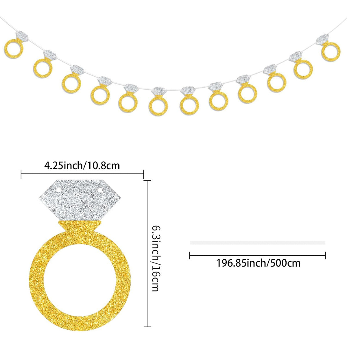 Engagement & Wedding Party Glitter Paper Diamond Ring Banner (16.4ft) - 3-Pack w/ Ribbon & Needle
