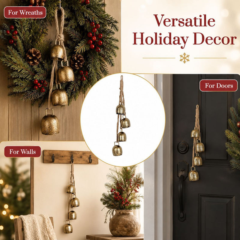Vintage Gold Metal Christmas Bell Garland, 4 Jingle Bells on Twine, 15" Long, Hanging Holiday Ornament