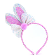 Kids Easter Bunny Ears Headband - Cartoon Bow Glitter Pom-pom Hair Hoop