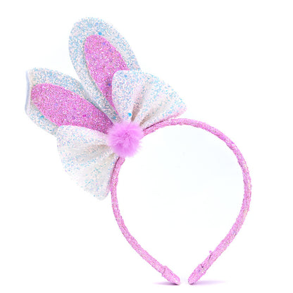 Kids Easter Bunny Ears Headband - Cartoon Bow Glitter Pom-pom Hair Hoop