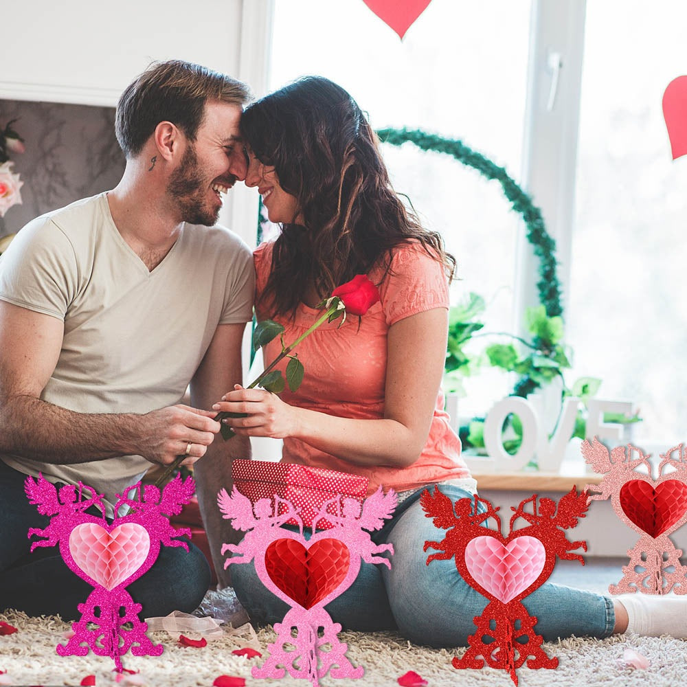 Valentine's Day Cupid Honeycomb Decorations (4pcs) - 8.5” Romantic Table Centerpieces for Weddings & Parties