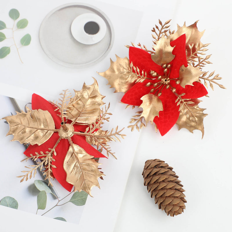 Gold Glitter Artificial Flower Head, 4.5" Diameter, DIY Christmas Tree Ornament & Holiday Decor, Faux Silk Poinsettia