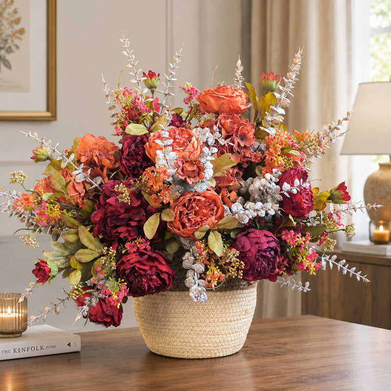 Artificial Peony & Hydrangea Bouquet, 3 Flower Heads, Faux Silk Fabric, Bendable Stems for Home, Office & Events