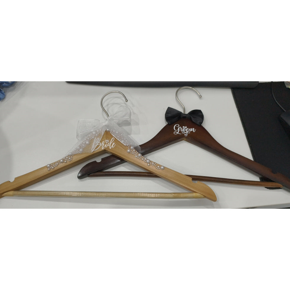 Bride & Groom Wedding Hanger Set - 2 Pack with Pearl Bow & Crossbar | 15x8.7 Inch