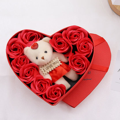 Heart Shaped Rose Soap Flower Gift Box - 10 Soap Roses with Cloth Bear | Valentine's Day & Mother's Day Birthday Gift