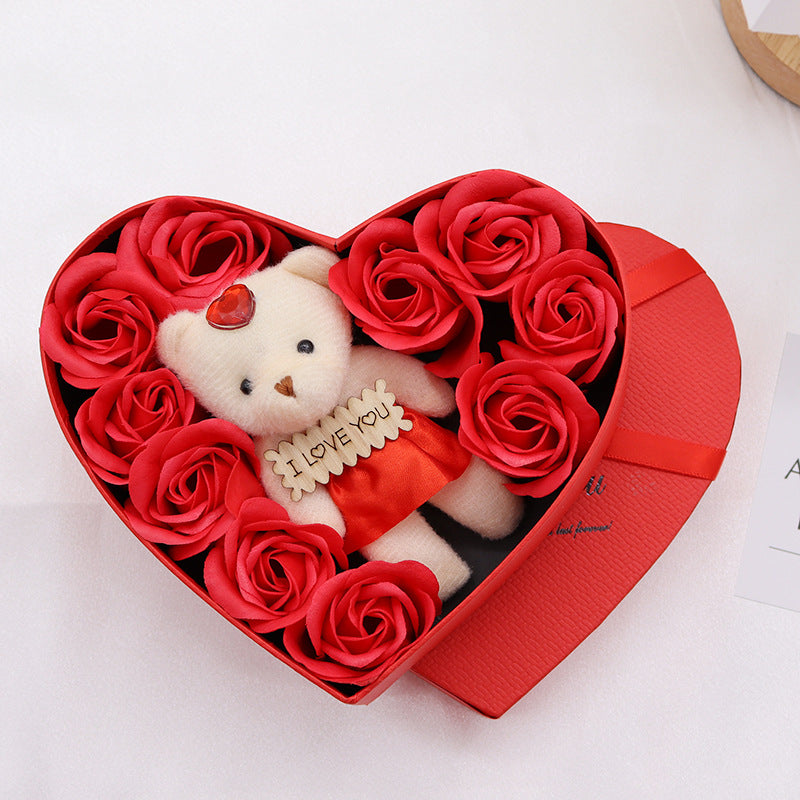 Heart Shaped Rose Soap Flower Gift Box - 10 Soap Roses with Cloth Bear | Valentine's Day & Mother's Day Birthday Gift