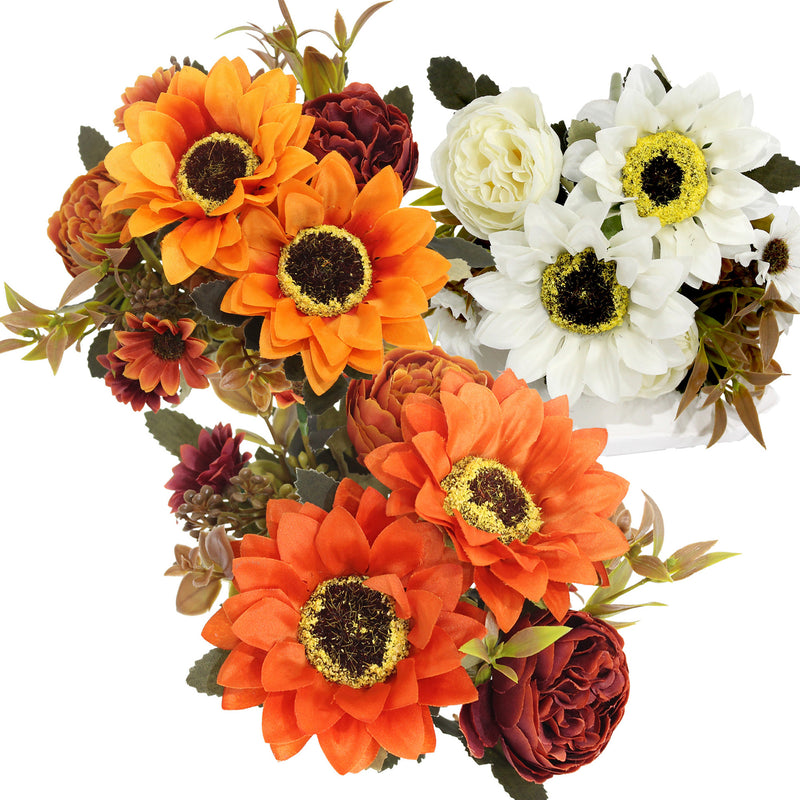13" Artificial Peony & Sunflower Bush with 8 Blooms, Realistic Faux Flowers for Home Decor, Wedding & Events