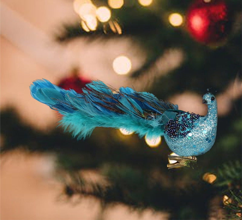 10 Pcs Christmas Glitter Peacock Ornaments Artificial Hanging Decorations for Tree Wall Door Party