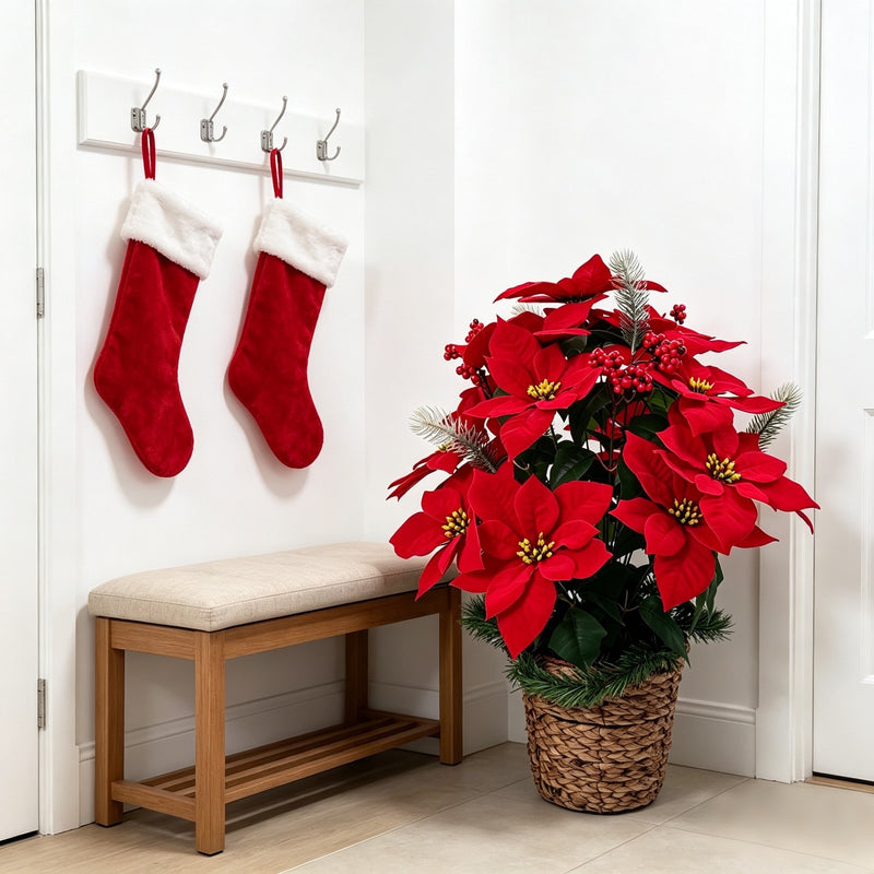 Artificial Poinsettia Bouquet with 24 Blooms, Silk-Like Fabric, 23 Inches, Perfect for Holidays, Weddings, and Home Decor