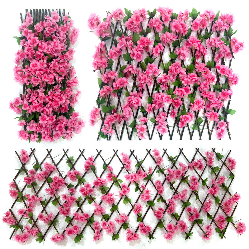 Artificial Cherry Blossom Expandable Fence, Faux Silk Flower Trellis Screen Panel, 190cm Trailing Vine for Garden, Balcony & Wedding Decor