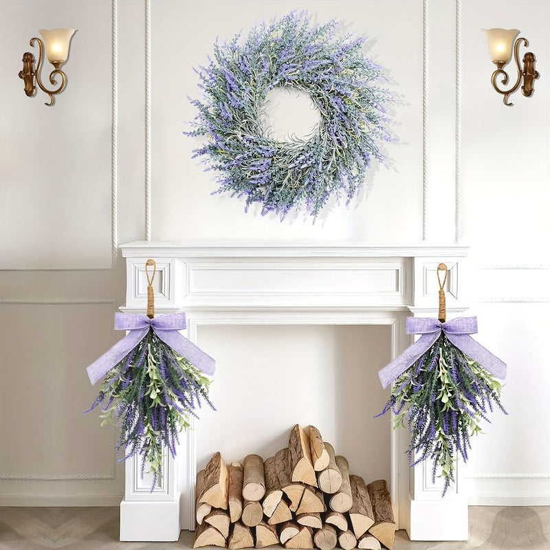 Artificial Lavender Bow Wall Hanging, Purple Faux Floral Door Swag, Plastic, Home & Window Display Decor