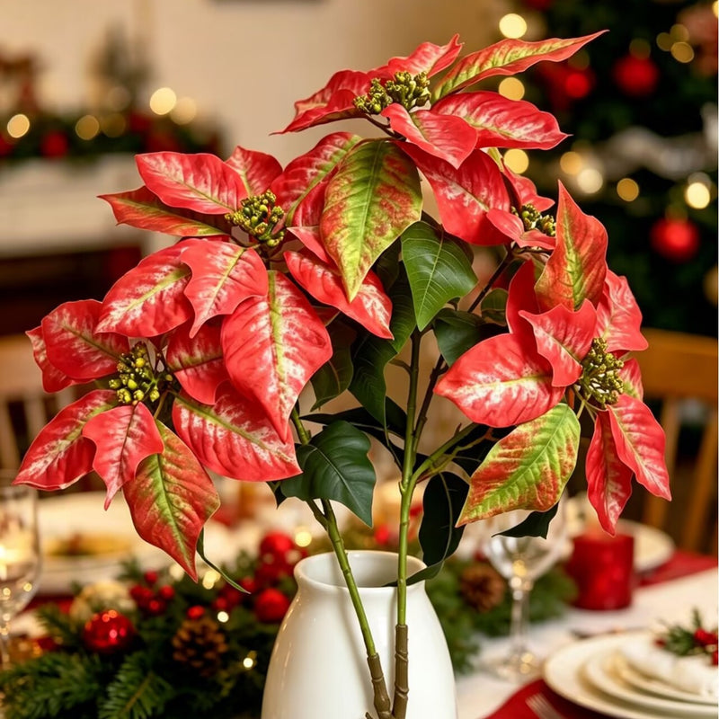 Artificial Poinsettia Bush with 12 Blooms, 18 Inches, Faux Silk and Plastic, Wedding and Home Decor