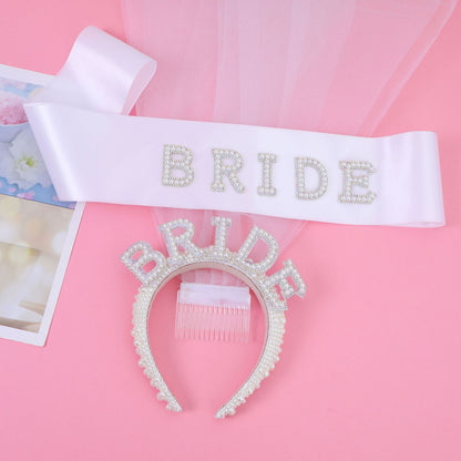 Bachelorette Party Bride Pearl Crystal Headband Veil Sash - Fashion Bridal Hair Accessory