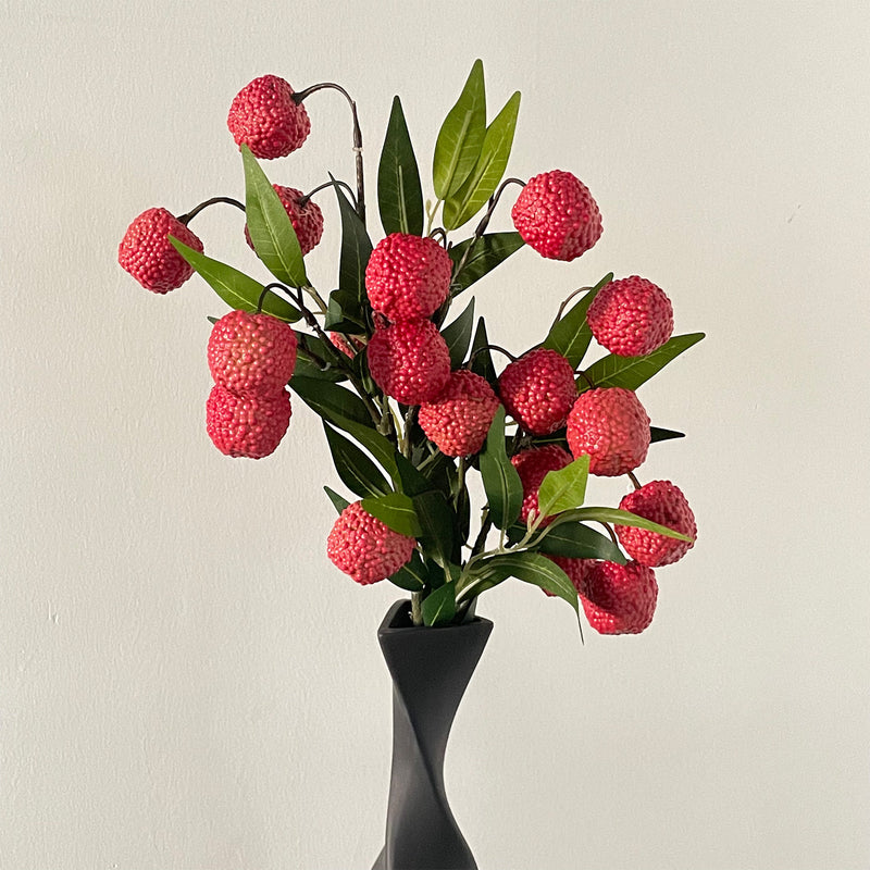 Artificial Litchi Fruit Branches, Foam Lychee Bush with 9 Blooms (1.5"), 18" Tall, Realistic Decorative Stems for Home Decor, Wedding Centerpieces & Commercial Displays