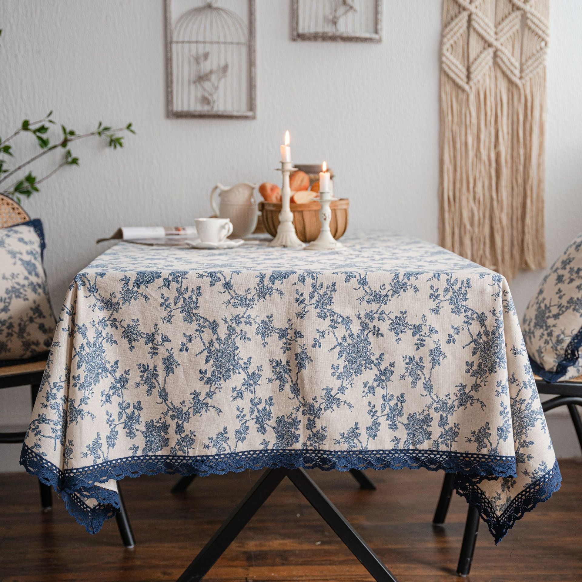 Bulk French Vintage Rectangle Tablecloth with Lace Cotton Linen Blue Rose Floral Table Cover Wholesale